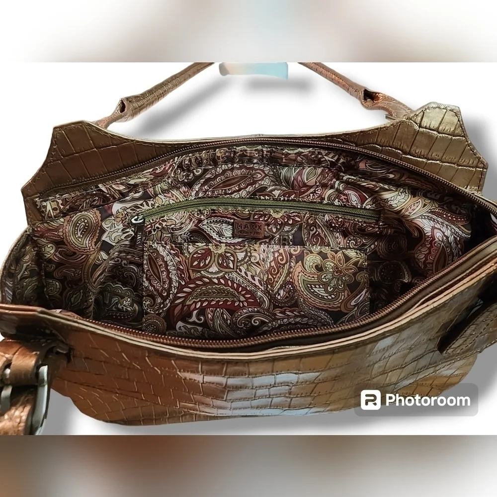 MAXX New York Bronze Embossed Alligator Bag Multiple Fabric Lined Compar…